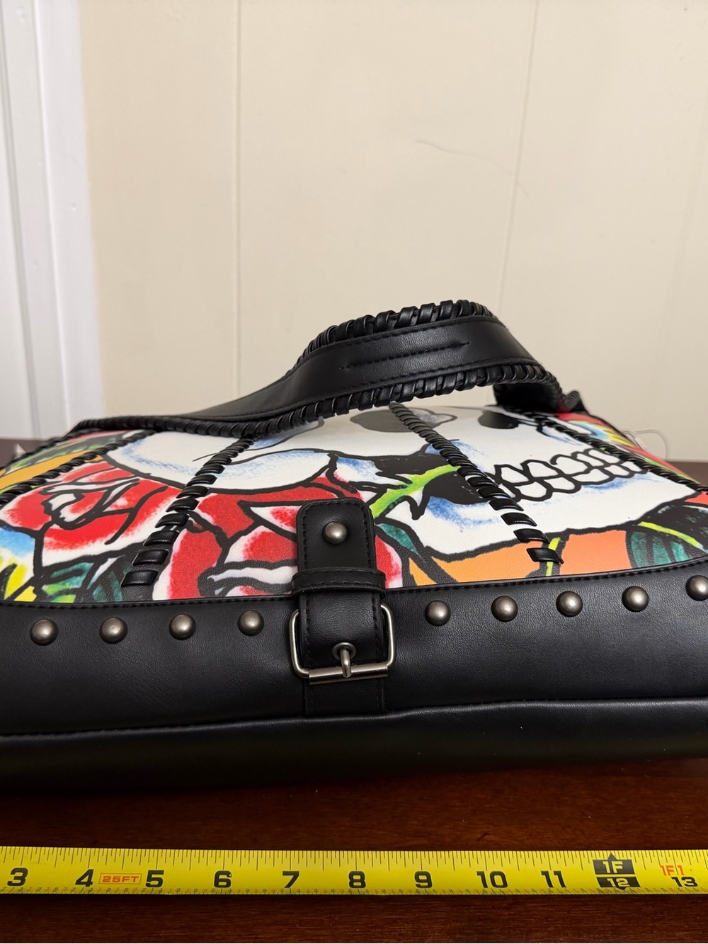 Ed Hardy Graphic Print Studded faux Leather Shoulder Bag Skulls Roses NWT - Picture 11 of 16